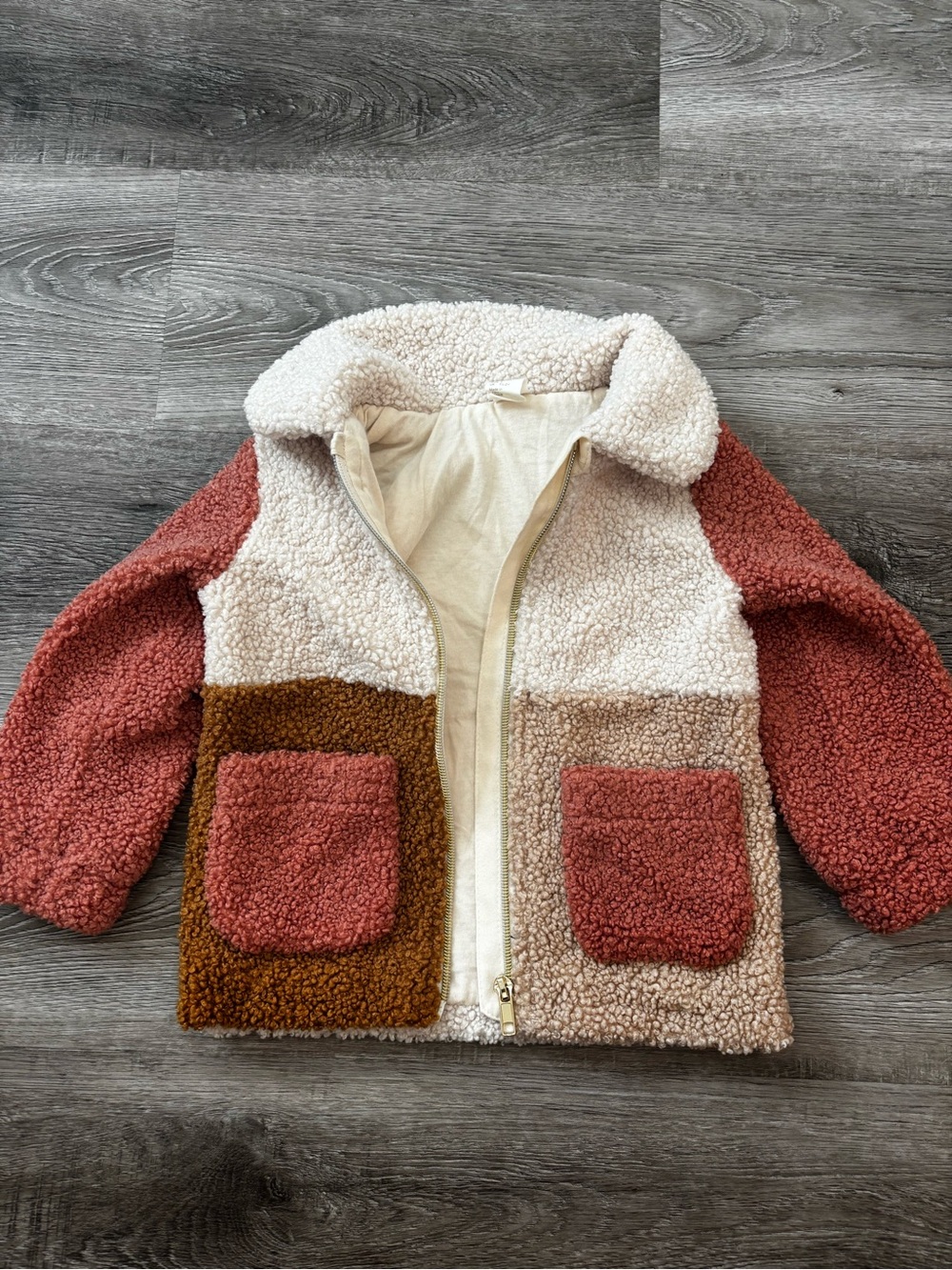H&M Colorblock Teddy Sherpa Jacket in Cream Rust & Brown 2T